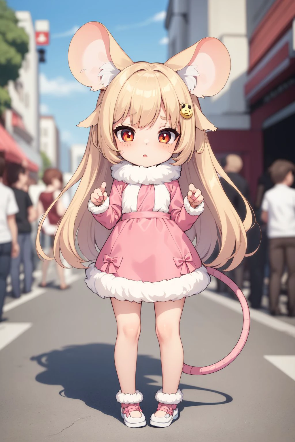 solo, 1girl, ( Dormouse \(monster girl encyclopedia\), animal ears, fur, hair ornament, mouse ears, mouse girl, mouse tail, petite, chibi:1.1), on street, crowd, best quality, highres, masterpiece