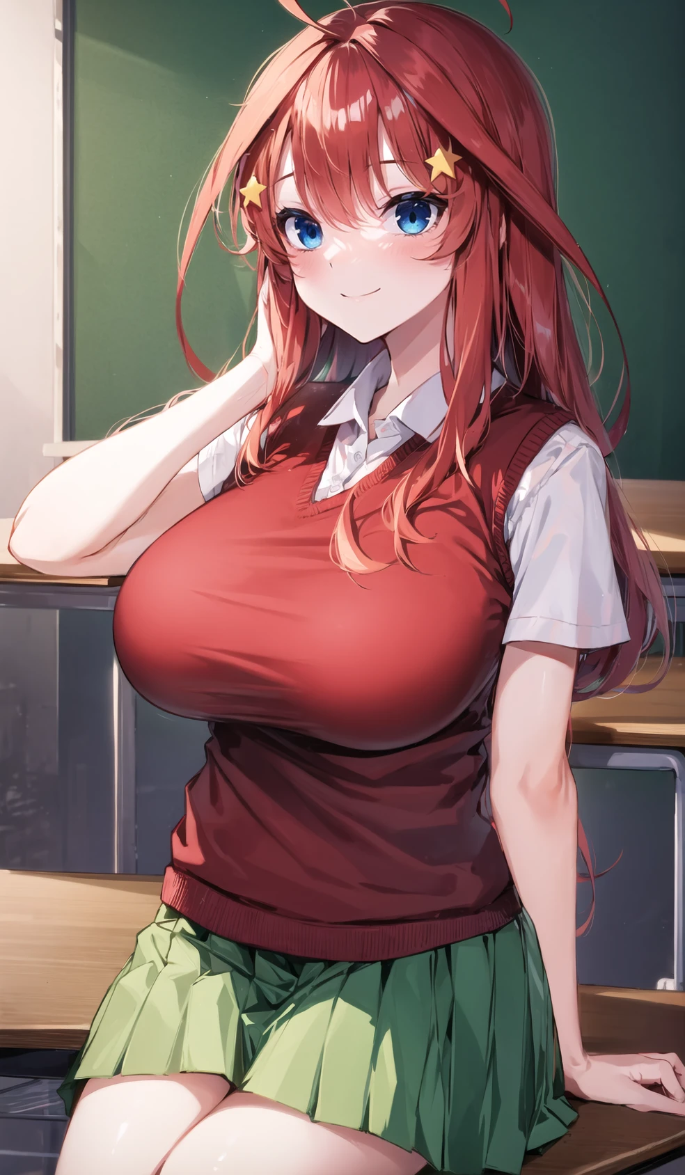 masterpiece, best quality, 1girl, nakano itsuki, solo, skirt, green skirt, blue eyes, red hair, long hair, star (symbol), breasts, shirt, blush, star hair ornament, ahoge, hair ornament, white shirt, huge breasts,  large breasts, looking at viewer, short sleeves, bangs, smile, red sweater, sweater vest, pleated skirt, collared shirt, school uniform, hair between eyes, cowboy shot, sitting,  indoors, day, tree, school desk, hand up,  <lora:itsuki_nakano_final_final:0.8>, nice hands, perfect hands, <lora:GoodHands-beta2:1>