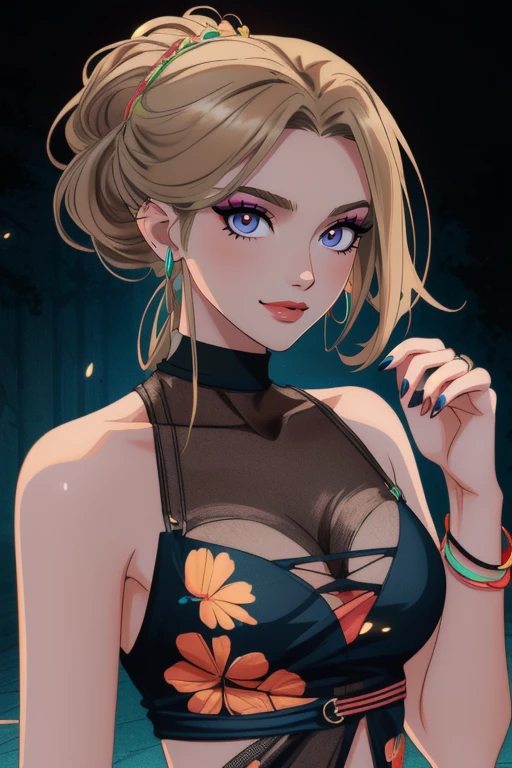 ((masterpiece)),(illustration),best quality,delicate details,refined rendering,Anime style,extremely detailed CG unity 8k wallpaper,toon style,((Guido Daniele)),hard lighting,shadow,on the street,(portrait:1.35),
1girl,(solo:1.4),slim,thin,adult,model,well-proportioned hands,eyeliner,eyelashes,eyeshadow,makeup,random_color_nail_polish,(Fashionable Dressing:1.35),(Fashionable catwalk poses:1.35),Dark blonde Hair,hair rings,hair intakes,updo,global illuminations,shadow,glowing nails,Kind Smile