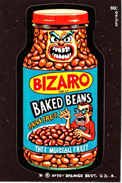 Sticker of a bottle of
Bizarro Baked Beans, the Musical Fruit, Wacky Packages Style
<lora:Wacky_Packages_TOPPS_Style_XL>
{ Bland-O's Tasteless Cereal, Wacky Packages Style|
Snail-O's Escargot in a Can, Wacky Packages Style|
Shriekin' Shampoo for Scream-Queen Hair, Wacky Packages Style|
Grumblestiltskin's Pickled Grouch Gherkins, Wacky Packages Style|
Clamouflage Invisible Seafood Chowder, Wacky Packages Style|
Quacktastic Duck Tape for Beak Repairs, Wacky Packages Style|
Crunchy Munchkins Leprechaun-Sized Snack, Wacky Packages Style|
Noodle-Noodle Brain-Teaser Pasta, Wacky Packages Style |
Bizarro Baked Beans, the Musical Fruit, Wacky Packages Style |
of Icy Hot Sauce, Fire and Frost in Every Bite, Wacky Packages Style}
<lora:Wacky_Packages_TOPPS_Style_XL>