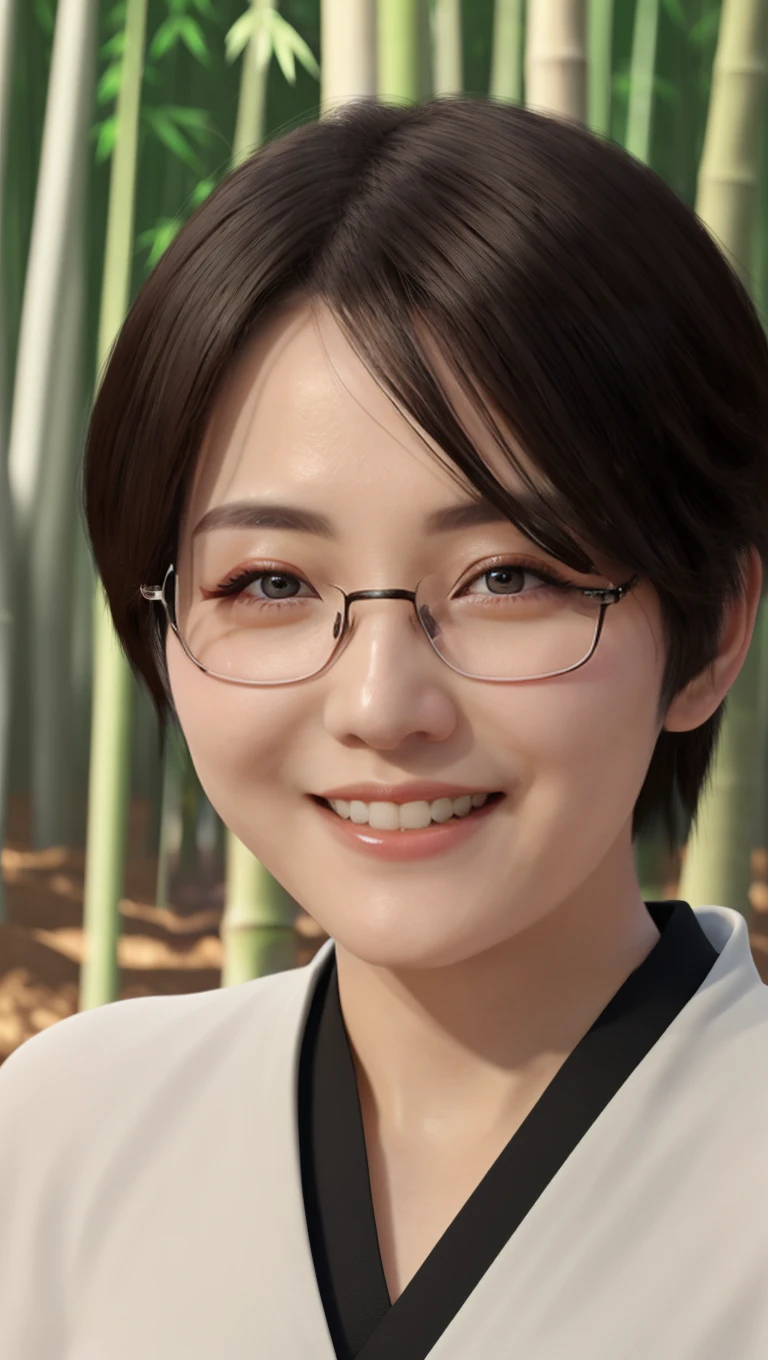ikunak2023, 8k, uhd, best quality, masterpiece, cinematic lighting, 1girl, glasses, smile, skin pores, detailed face, detailed eyes, photorealistic, wearing red samurai armor, bamboo forest, action shot