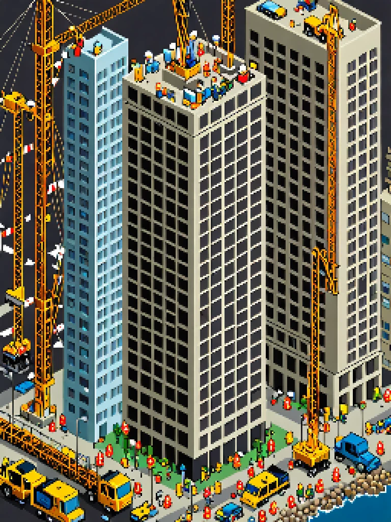 highly detailed isometric pixel art of a city skyscraper under construction, eboy style <lora:Eboy_Pixelart_Style_XL>