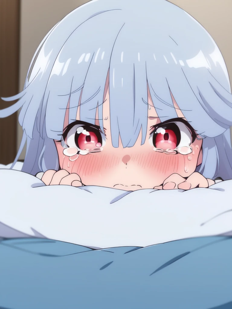 <lora:Yukimusume:1>Yukimusume, 1girl, solo, long hair, red eyes, eyes visible through hair, lying, blush, tears, blurry, on stomach, blue hair, bangs, indoors, blurry background, depth of field, pillow, looking at viewer, closed mouth, long sleeves, crying, wide sleeves, sweat, object hug, crying with eyes open, pillow hug