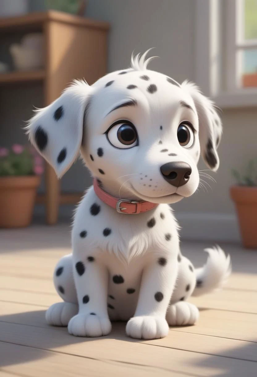 (A lovable character of a fluffy cute dalmation with four legs pastel light grey color, little ears), cook,children's book illustration style,sunny day, adorable, charming, whimsical, in the style of Studio Ghibli, 3D vector art, cute and quirky, fantasy art, watercolor effect, bokeh, Adobe Illustrator, hand-drawn, digital painting, low-poly, soft lighting, bird's-eye view, isometric style, retro aesthetic, focused on the character, 4K resolution, photorealistic rendering, using Cinema 4D