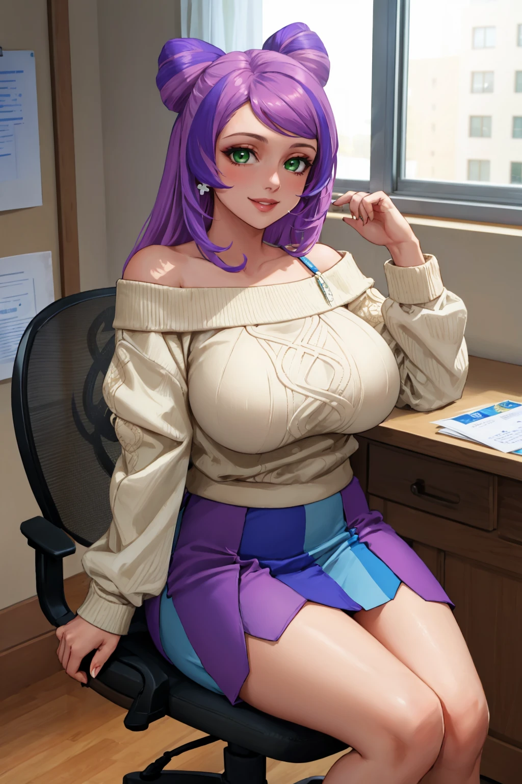 masterpiece, best quality, <lora:miriam-nvwls-v1-000009:0.9> miriam, green eyes, multicolored hair, off-shoulder sweater, white sweater, purple skirt, huge breasts, sitting, chair, desk, doctor's office, smile