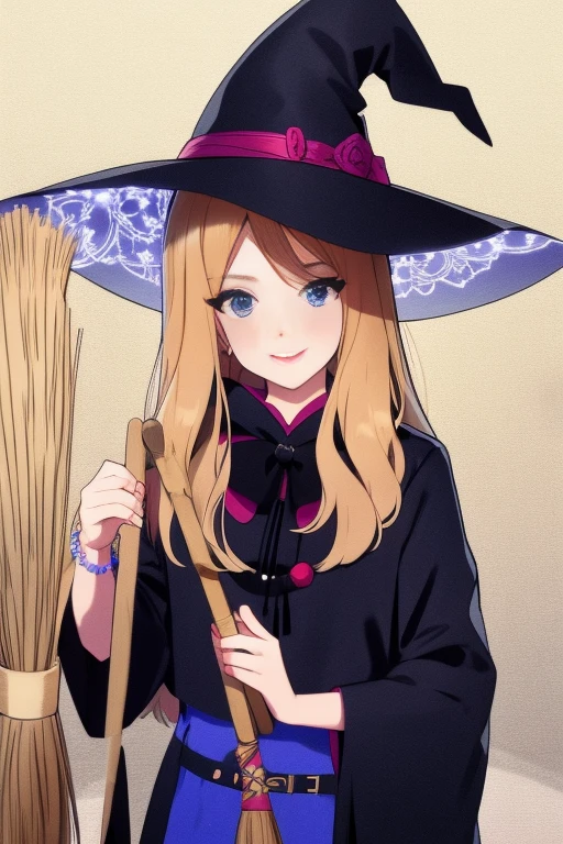 Mayichi dressed in a witch costume, with a big hat and a broom <lora:Mayichi-000001:1>