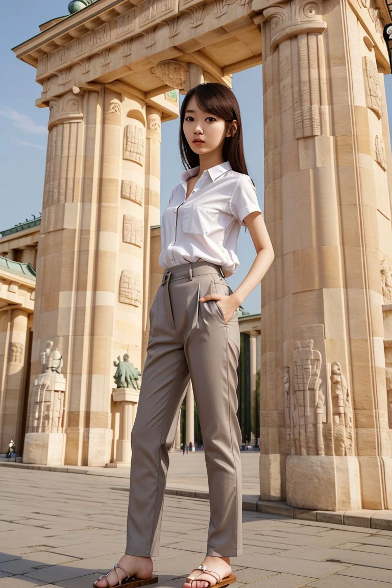 <lora:miyu_suenaga_obj20:0.5>, full_body, standing, sandals, (shirt), pants, (brandenburg gate), (miyu_suenaga: 1.2), perfect face, (contact iris: 1.1), pale skin, skin pores , depth of field