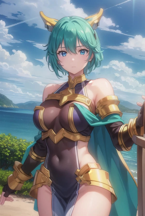 yulangmirage, <lora:yulang mirage-lora-nochekaiser:1>,
yulang mirage, short hair, aqua eyes, aqua hair, hair between eyes,
BREAK gloves, bare shoulders, elbow gloves, fingerless gloves, cape, armor, headgear, gold armor,
BREAK outdoors, forest, nature, sun, sky, clouds,
BREAK looking at viewer, (cowboy shot:1.5),
BREAK <lyco:GoodHands-beta2:1>, (masterpiece:1.2), best quality, high resolution, unity 8k wallpaper, (illustration:0.8), (beautiful detailed eyes:1.6), extremely detailed face, perfect lighting, extremely detailed CG, (perfect hands, perfect anatomy),