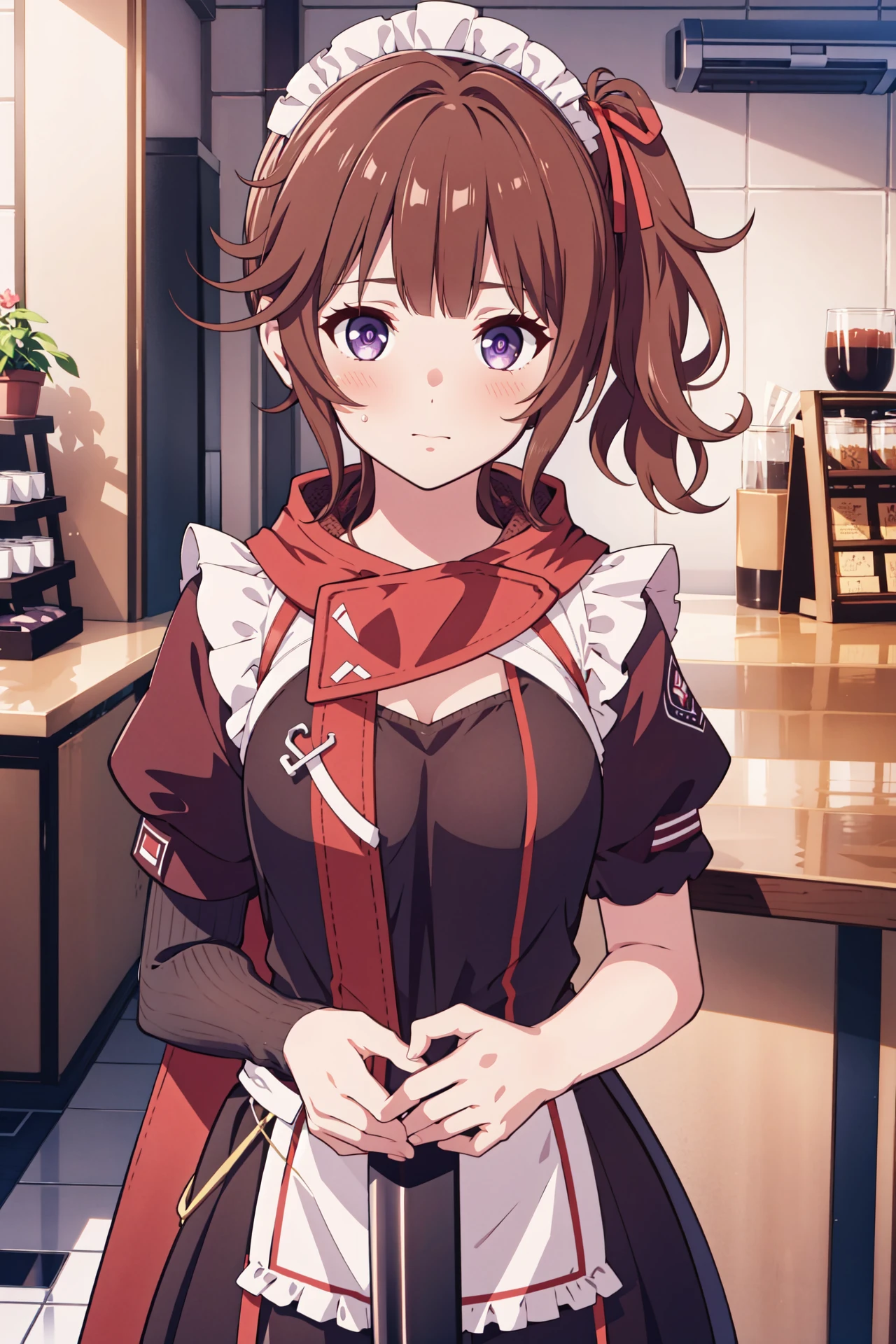 Masterpiece, best quality, perfect lighting, 1girl, solo, light brown hair, red hairtie, side ponytail, purple eyes, cafe scene, (maid outfit:1.3), blush, looking at viewer, nervous, <lora:Hanabi-v2:0.8>