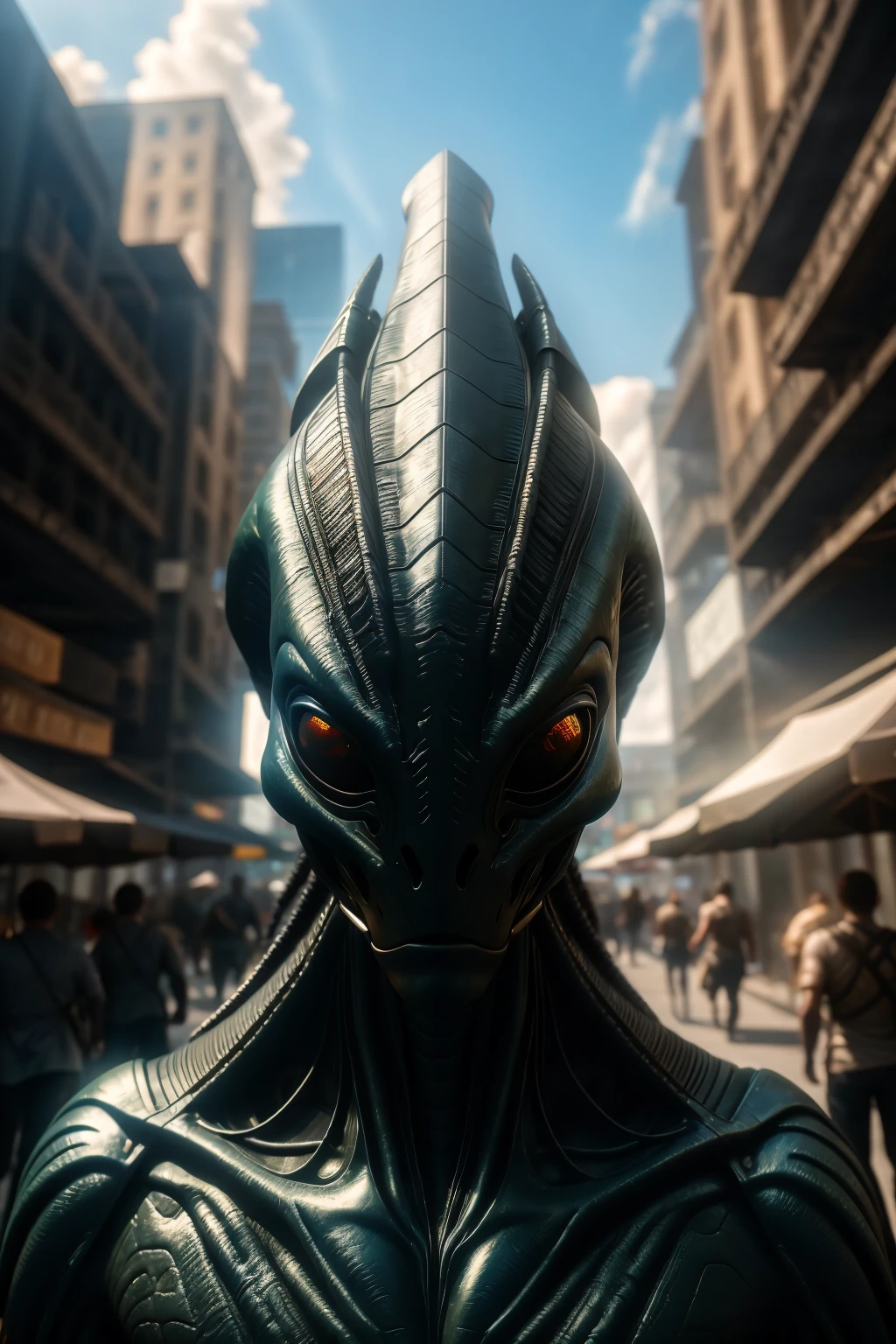 <lora:arandomalien_v2-000010:1> masterpiece of photorealism, photorealistic highly detailed 8k photography, best cinematic quality, volumetric lighting and shadows, muscular rndmln, predator braids, demon armor, dynamic pose, Antique Markets, First-Person View (FPV) Drone Perspective