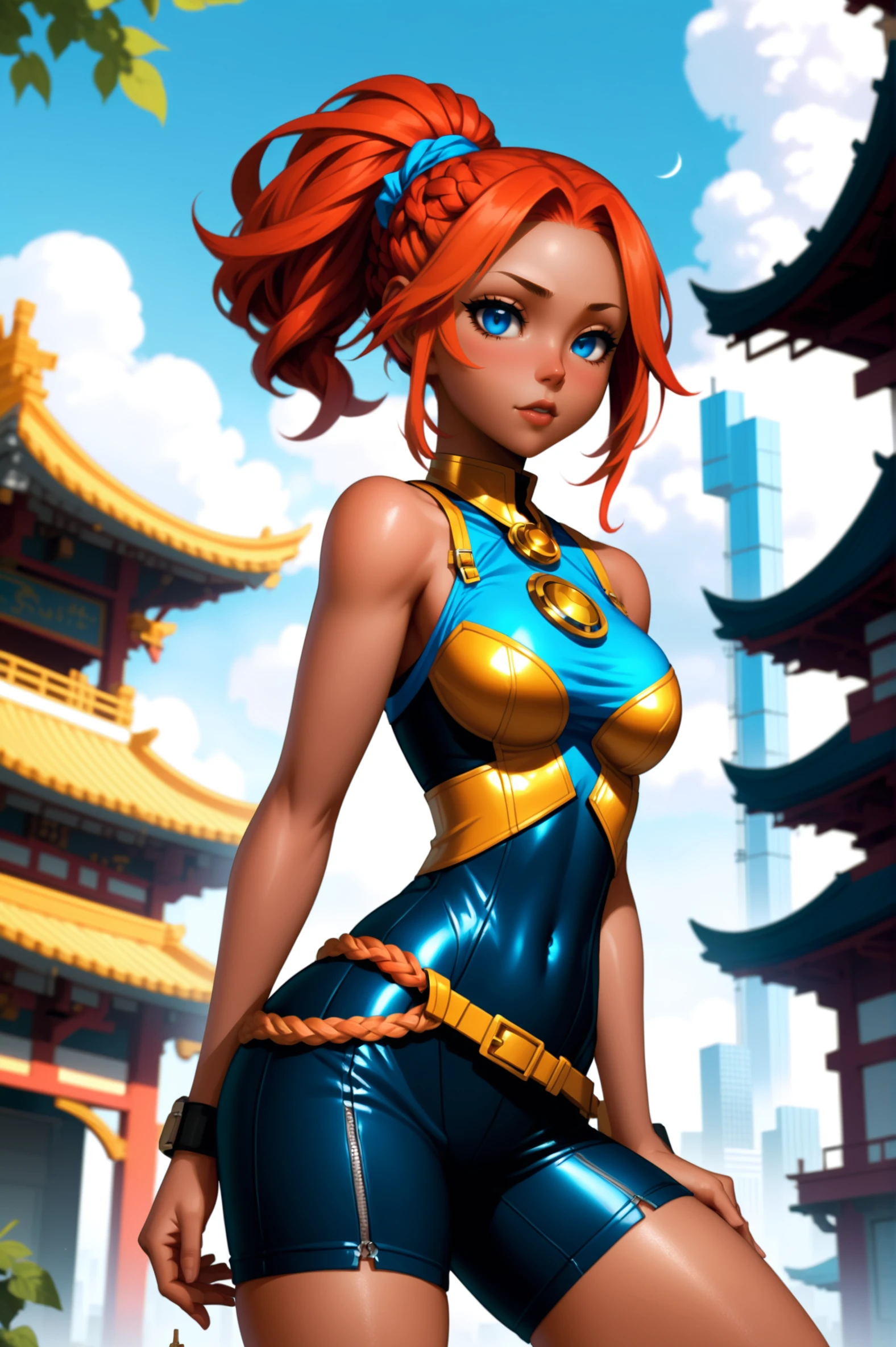 2010s anime style digital painting<lora:EnvySendNoodzXL01:-1>, 1girl, woman, (futuristic Hip-Hop:1.3) catgirl, full body, [:outlandish costume design,:0.2], bombshell hair, red hair, Side Swept Dutch Braid, wide hips, tall, athletic toned perfect hourglass figure,(muscular:0.6), (dark skin:1.3), (noon, architecture, "at the Cataclysmic Vortex":1)<lora:EnvyBetterHiresFixXL01:1>
