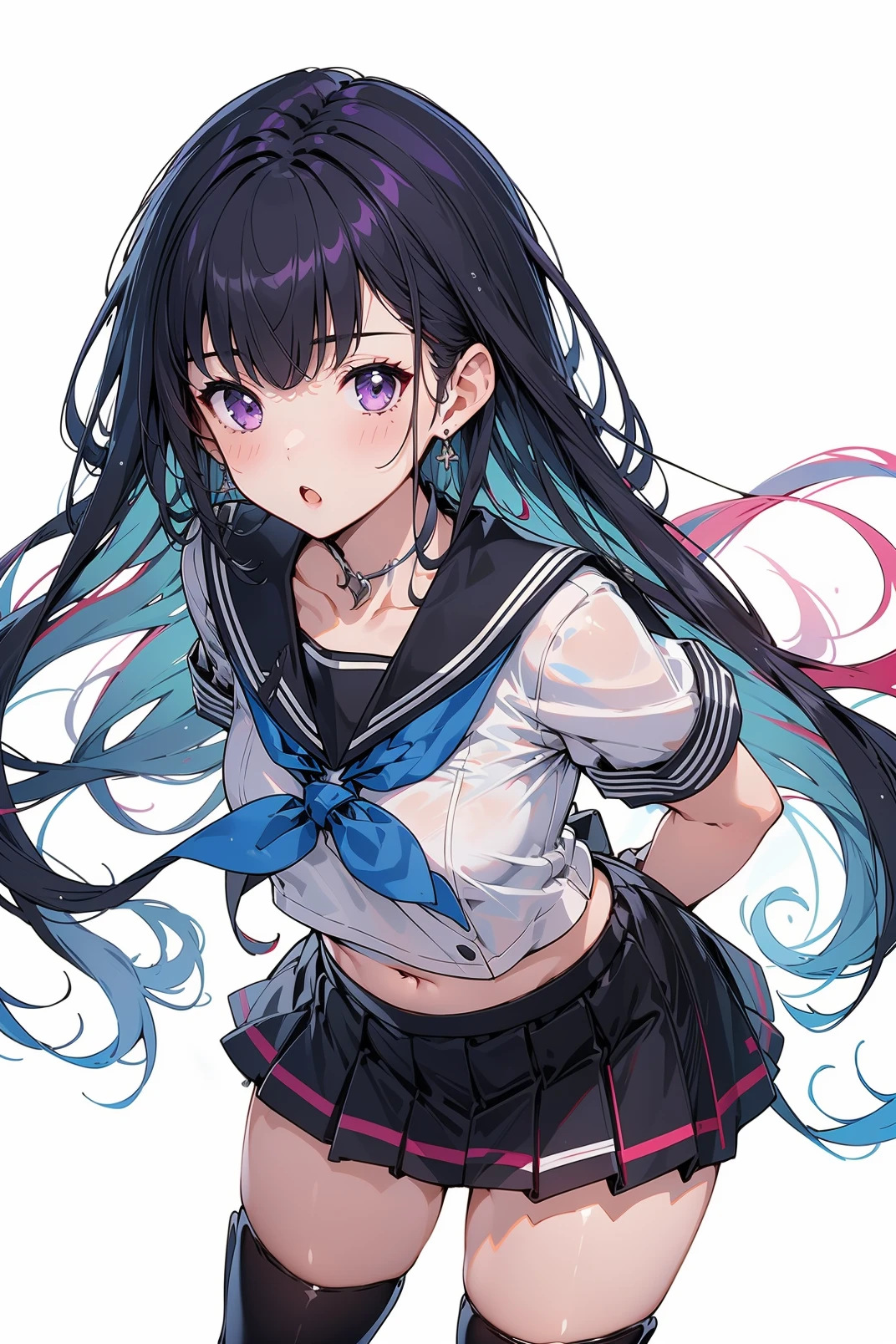 1girl, solo, masterpiece, best quality, selena, black hair, multicolored hair, bangs, long hair, purple eyes, black serafuku, sailor collar, school uniform, navel, mini skirt, skirt, thighhighs, looking at viewer, shiny hair, shiny skin, standing, white background, leaning forward, arms behind back, :o,
