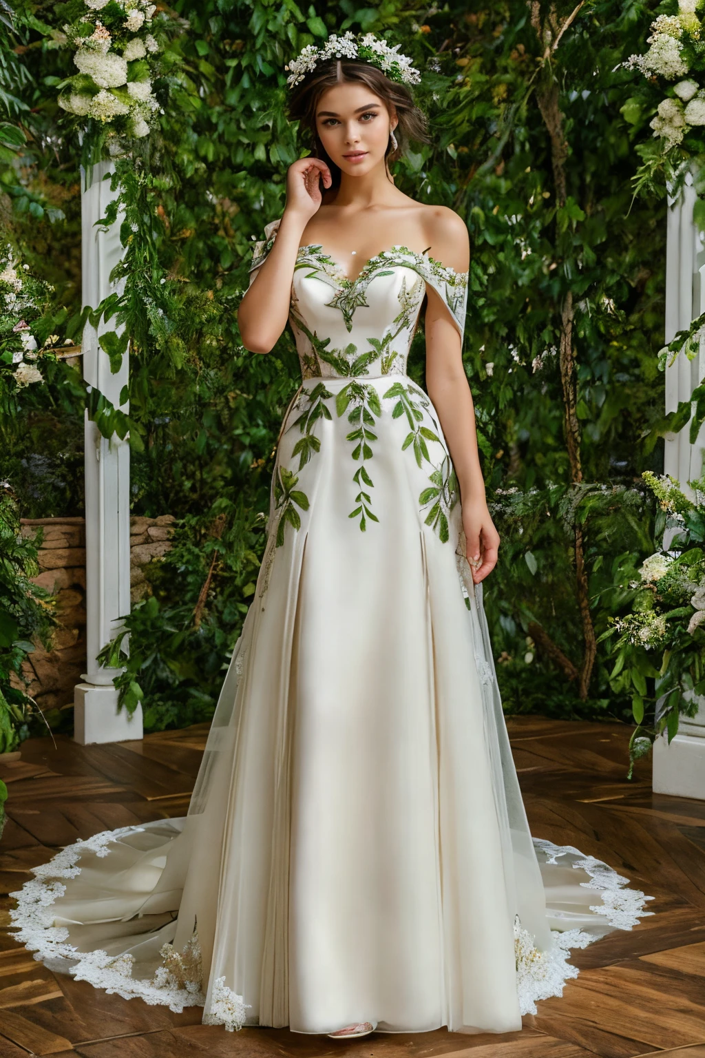 masterpiece, best quality, high quality, v1nedr3ss, jungle, long green hair, green eyes, flowers, vines, dress, white dress, wedding dress, <lora:detail_slider_v4:3>   <lora:v1nedr3ss:0.7>