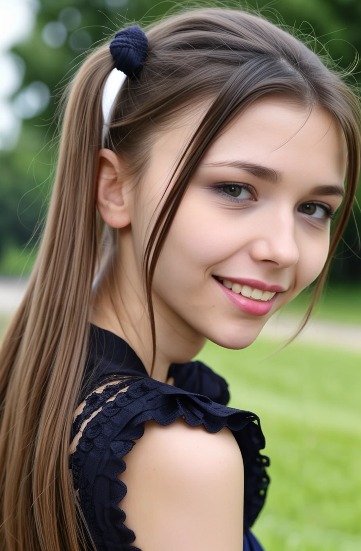 from behind,photo of a ukrainian woman named milaazul,<lyco:mila azul_V1:0.85>,Wearing a black collar,Cute twin tails,Face close-up,looking back, looking at viewer,photorealistic, happy smile,teeth,long hair, best quality and best aesthetic and (photorealistic:1.4) and (Realistic:1.4) and Detailed Skin Textures and detailed skin pores and high skin detail,<lora:LCM_LoRA_Weights_SD15å éå¨:0.7>,((Outdoors, public places)), <lora:detail_slider_v4:0.7>,<lora:å¢å ç實æepiCRealLife:0.7>