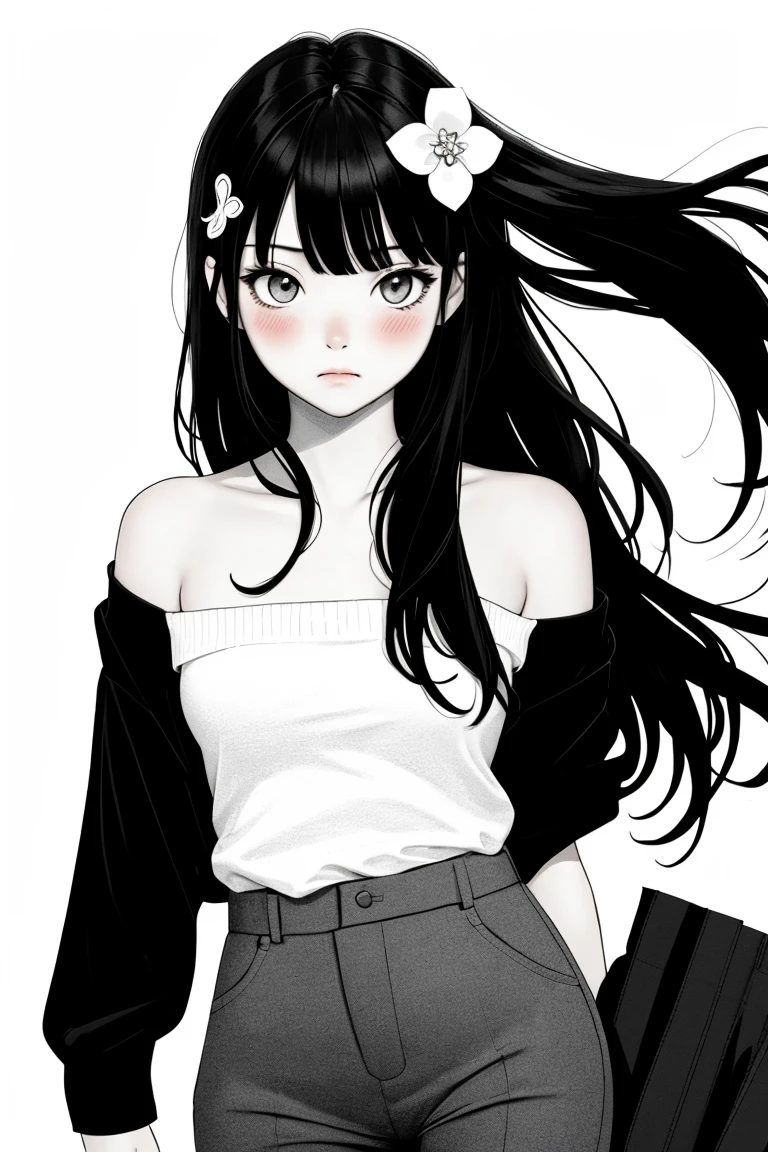 1girl, solo, long hair, white background, monochrome, blush, simple background, black clothes, hair ornament, bangs, pants, bare shoulders, closed mouth