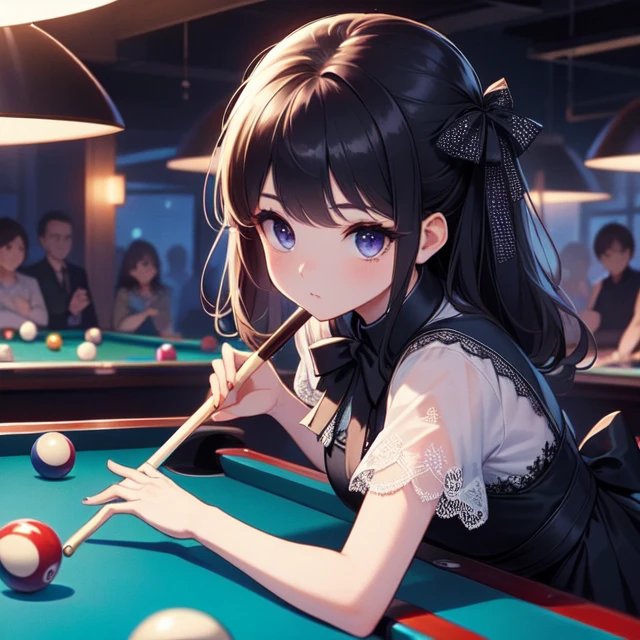 (((masterpiece))),  (((best quality))),  (((both hands holding)) a pool cue:0.9),  aim pool ball,  (((lean on table))),  ribbon,  black lace dress,  (((professional game))),  night, aim pool ball,<lora:girllikepoolball:0.800000>