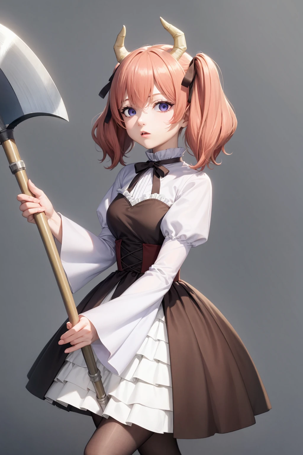 masterpiece, best quality,  <lora:ri-nie:1>,
1girl,  horns, pink hair,twintails,hair,ribbon,bow,purple eyes,juliet sleeves, long sleeves,  brown dress,corset,pantyhose, 
holding, holding axe,battle axe, 
grey background, cowboy shot, closed mouth,