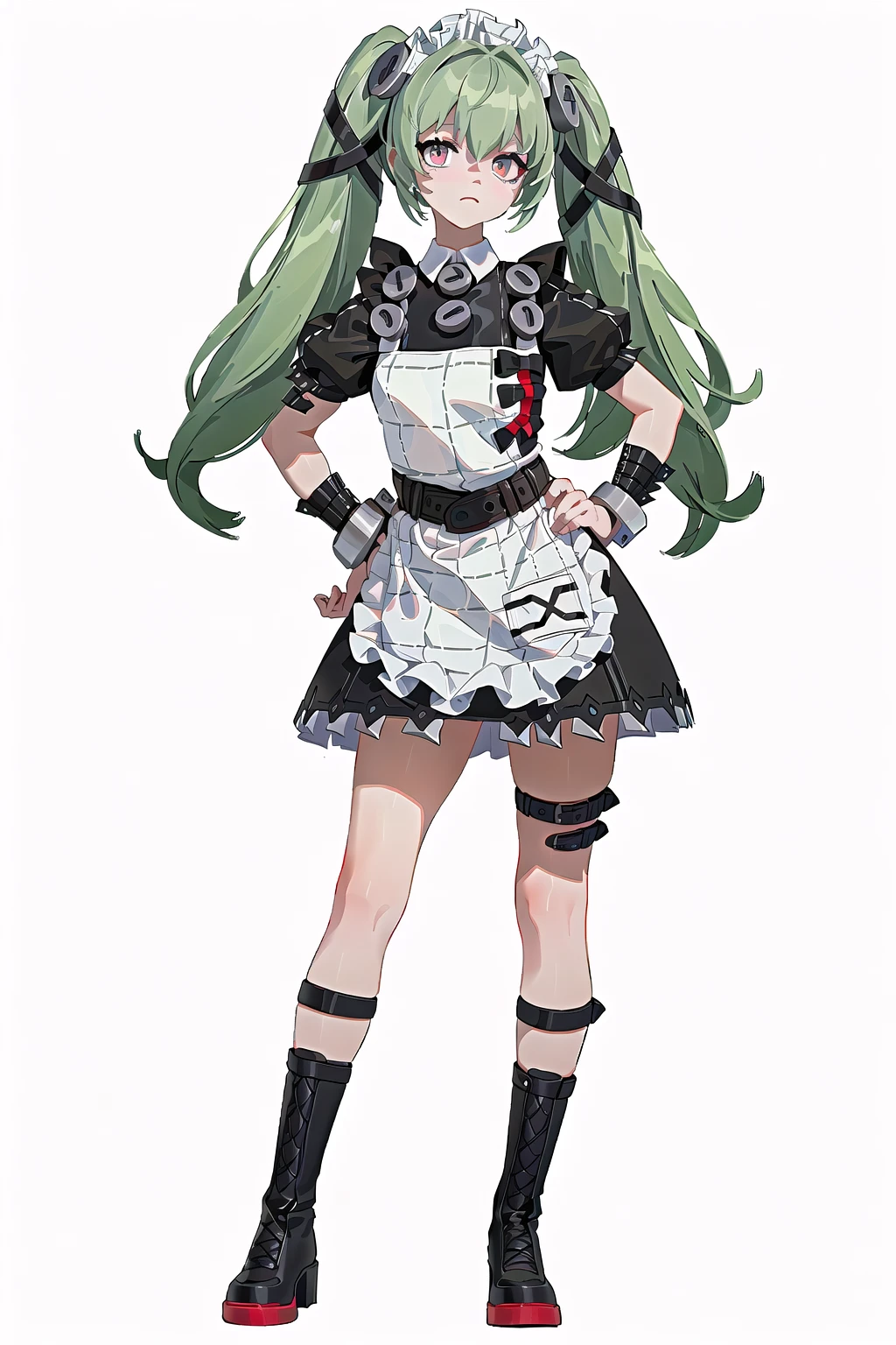 8k, best quality, masterpiece, (ultra-detailed:1.1), (high detailed skin),
(full body:1.3), white background, standing, hand on hip, looking at viewer,
<lora:corin-v100-000028:0.8:lbw=OUTALL>, corin, 1girl, twintails, boots, apron, long hair, maid headdress, green hair, bandaid on leg,
(white background, simple background,:1.2),
(beautiful_face), ((intricate_detail)), clear face,
((finely_detailed)), fine_fabric_emphasis,
((glossy)), full_shot,