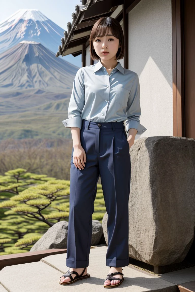 <lora:anjou_kozuki_obj20:0.5>, full_body, standing, sandals, (shirt), pants, (mount fuji), (anjou_kozuki: 1.2), perfect face, (contact iris: 1.1), pale skin, skin pores , depth of field