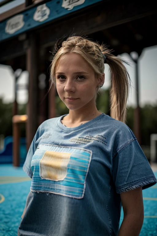 jeans, Sea Blue tshirt in a playground, <lora:Sarah_Jane_Honeywell:1> masterpiece,best quality, detailed face, 1girl, solo, sj1873h, blonde_hair, pony tail