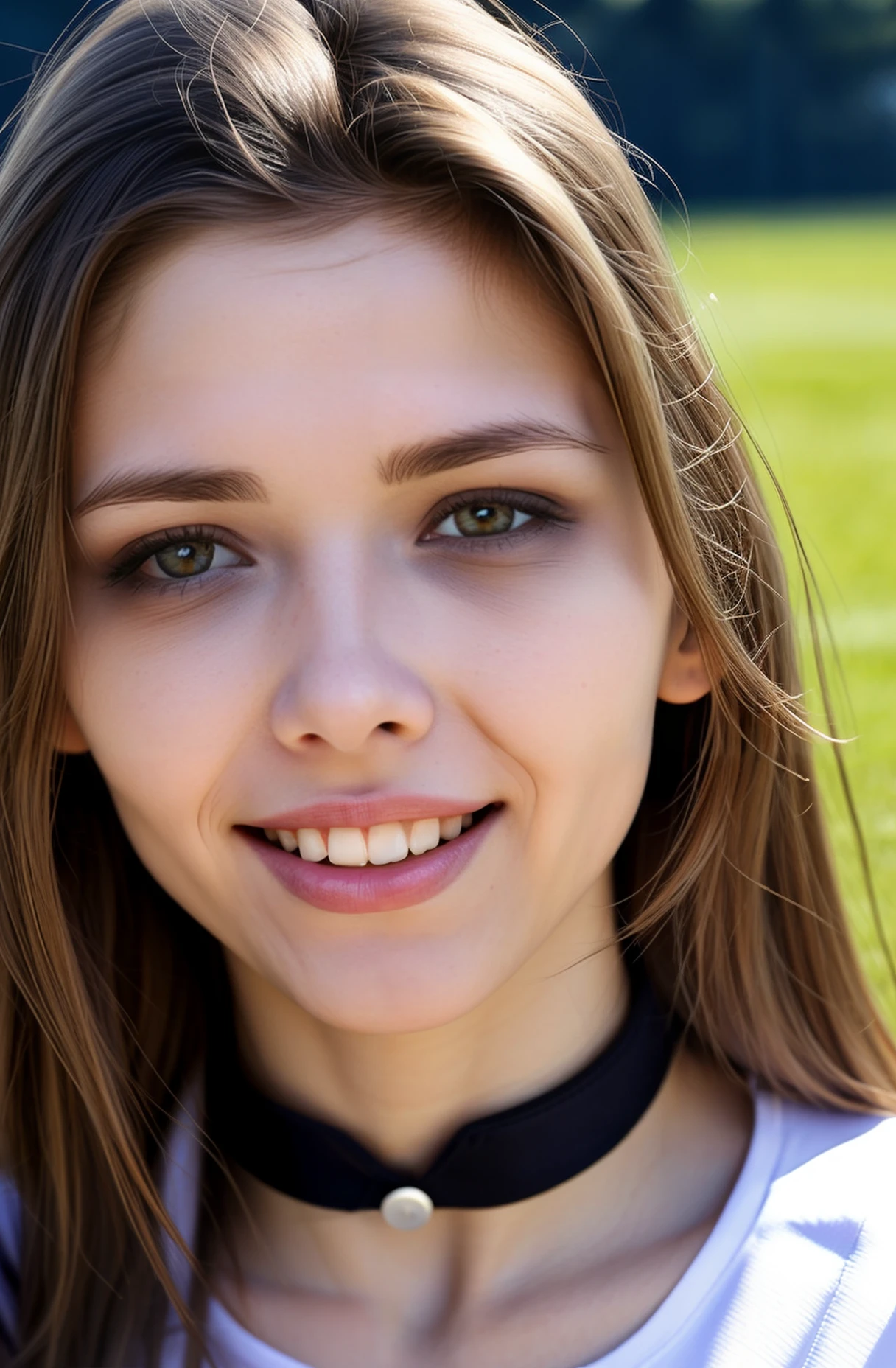 from front,photo of a ukrainian woman named milaazul,<lyco:mila azul_V1:0.85>,Wearing a black collar,Face close-up, looking at viewer and facing viewer,photorealistic, happy smile,teeth,long hair, best quality and best aesthetic and (photorealistic:1.4) and (Realistic:1.4) and Detailed Skin Textures and detailed skin pores and high skin detail,<lora:LCM_LoRA_Weights_SD15å éå¨:0.7>,((Outdoor sports field)), <lora:detail_slider_v4:0.7>,<lora:å¢å ç實æepiCRealLife:0.7>,