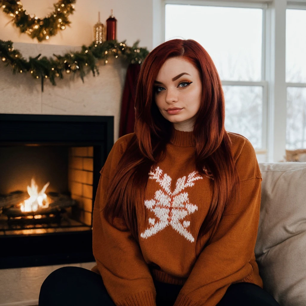 <lora:proxyfoxlol_sd15_512_128_64_v1:1>proxyfoxlol, 1girl red hair, wearing christmas sweater, christmas decoration in background, lit fireplace in background