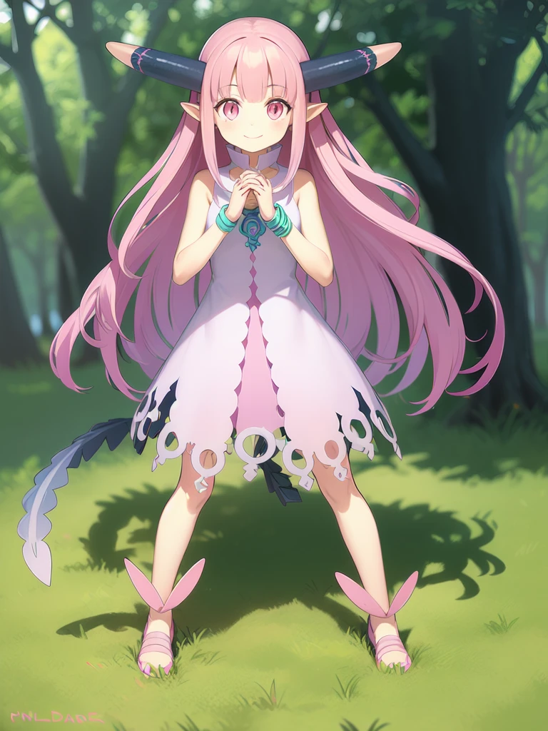 <lora:milleaf:1> milleaf, 1girl, solo, pink hair, long hair, horns, tail, pointy ears, pink eyes, smile, shoes, dress, full body, jewelry, bracelet, own hands together,
forest,