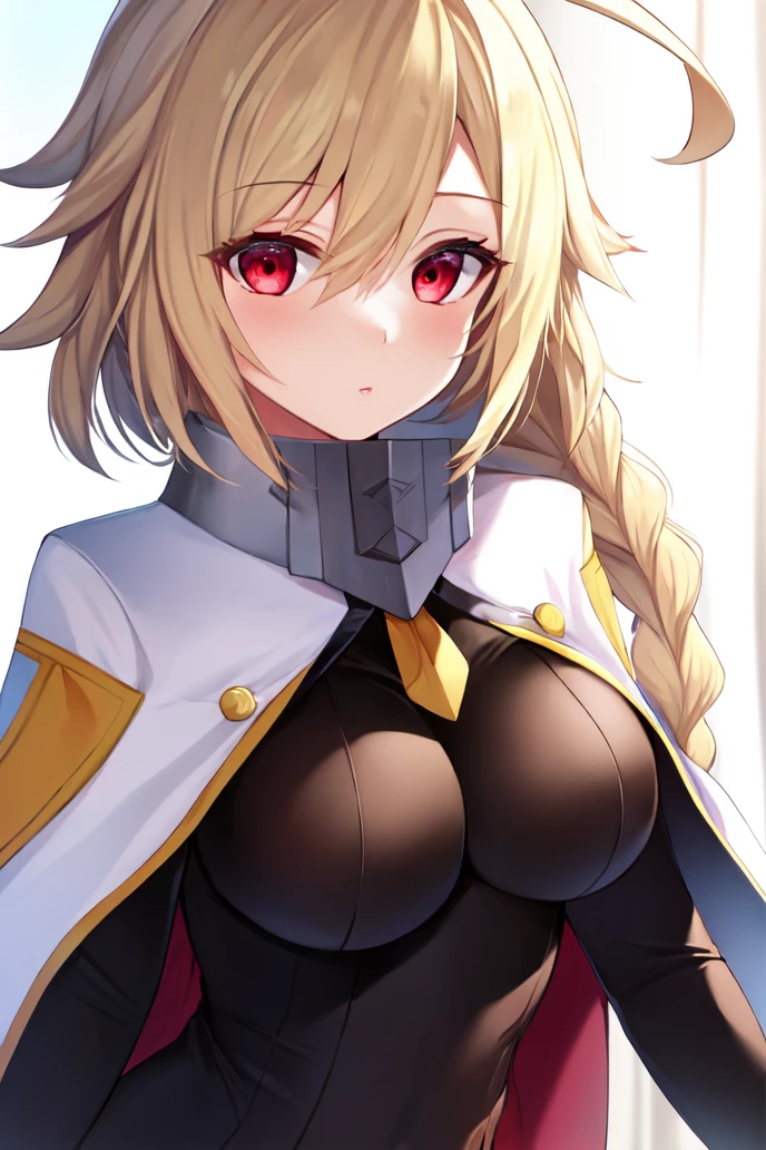 masterpiece, best quality, 1girl, lambda-11, <lora:LambdaV2-14:1>, blonde hair, ahoge, red eyes, (single braid), braid, medium breasts, bodysuit, unitard, skin tight, capelet, cape, detached sleeves, bridal gauntlets, bedroom, close-up, beautiful face, portrait,