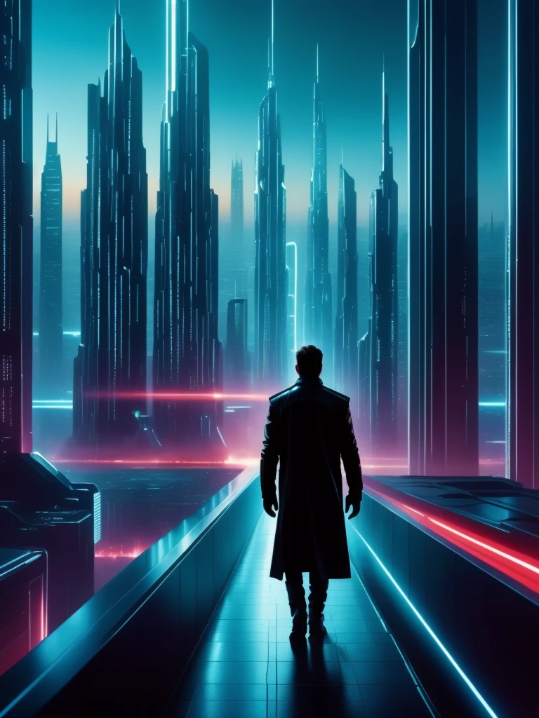 Dystopian future, lone figure, futuristic cityscape, glowing skyline, reminiscent of Ridley Scott's work