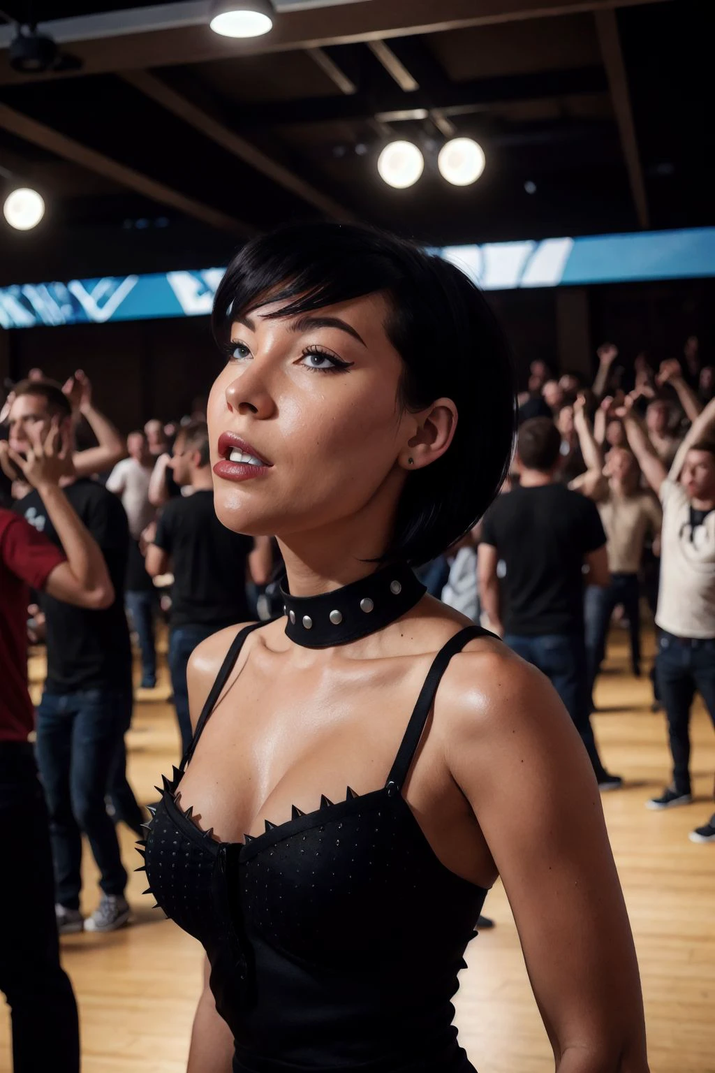(intricately detailed, best quality, high resolution, highly detailed skin:1.3), (capacity nightclub, mosh pit:1.4), studded leather camisole, leather pants, spiked hairband, <lora:thr1ftBTAS:0.6> thr1ftbtas, short black hair, bangs, makeup, ((apathetic|bored) expression:1.5),  (Asian-Less:1.1)