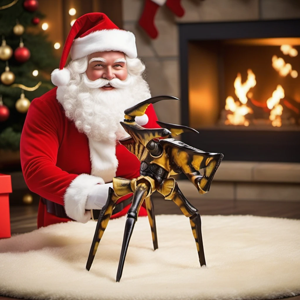 Starshiptrooper1024, santclaus poses with a bug, selfie style, smiles, christmas scenery, christmas gifts, livingroom, fireplace, features intricate detail, detailed eyes, highly detailed, photography, ultra sharp, film, bokeh, professional, 4k <lora:Starshiptrooper1024-000477:0.8> <lora:add-detail-xl:2>