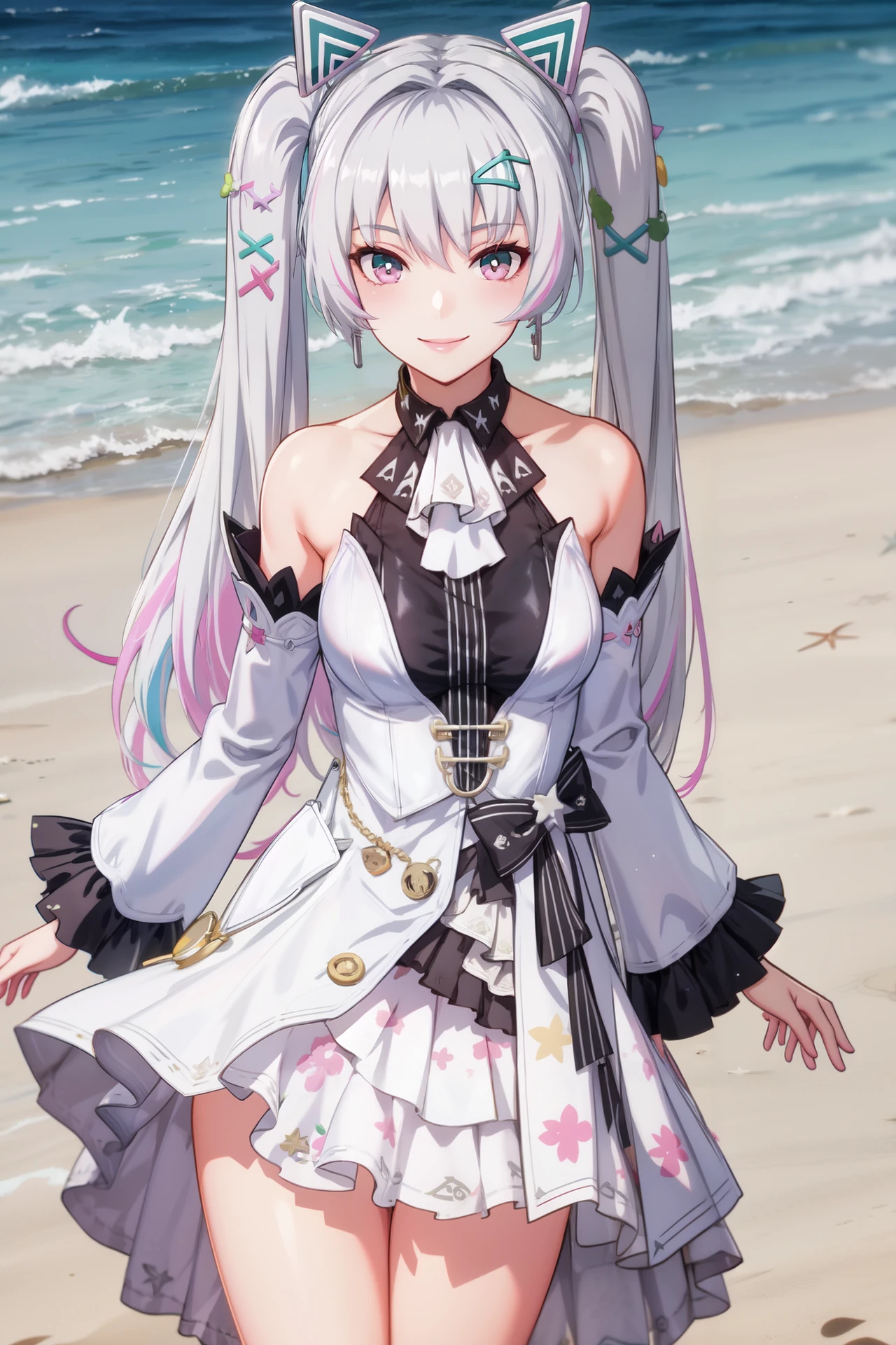 karenina, twintails, pink eyes, white hair, hair ornament, white dress, detached sleeves, smiling, looking at viewer, at the beach, <lora:more_details:0.3>