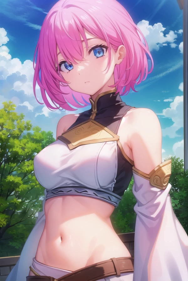 sillplain, <lora:sill plain-lora-nochekaiser:1>,
sill plain, short hair, blue eyes, pink hair,
BREAK navel, bare shoulders, detached sleeves, midriff, wide sleeves,
BREAK outdoors, forest, nature, sun, sky, clouds,
BREAK looking at viewer, (cowboy shot:1.5),
BREAK <lyco:GoodHands-beta2:1>, (masterpiece:1.2), best quality, high resolution, unity 8k wallpaper, (illustration:0.8), (beautiful detailed eyes:1.6), extremely detailed face, perfect lighting, extremely detailed CG, (perfect hands, perfect anatomy),