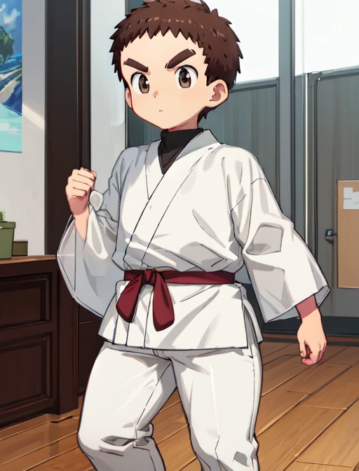 best quality, masterpiece, highres, detailed, digital illustration, <lora:Detail - add_detail:0.2>, HxHZushi, [bald : short hair: 0.4], brown hair, dougi, black belt, thick eyebrows, white pants, male child,  <lora:Character - HxHZushi:0.9>, relieved, factory