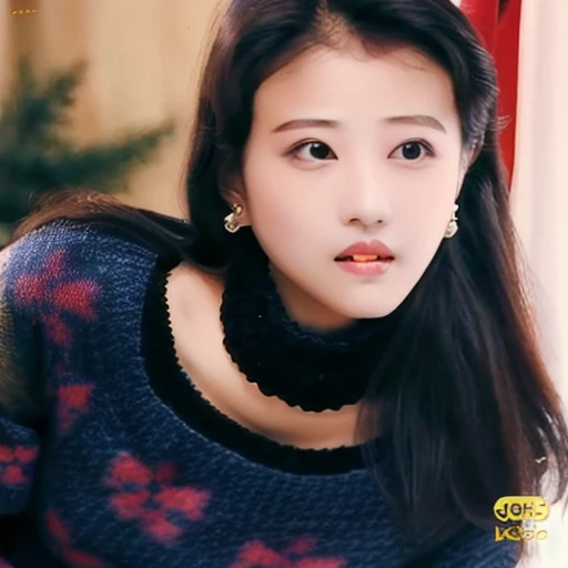 lighting soft from above, black long wavy, christmas sweater, at night, standing, necklace, large earing, staring at viewer, cleavage ,((masterpiece)), photorealistic, 8k, raw, 1 girl, (detailed), professional photo, <lora:sd15_kathy_chow_v5:1.5>, (kathy chow:1.2)