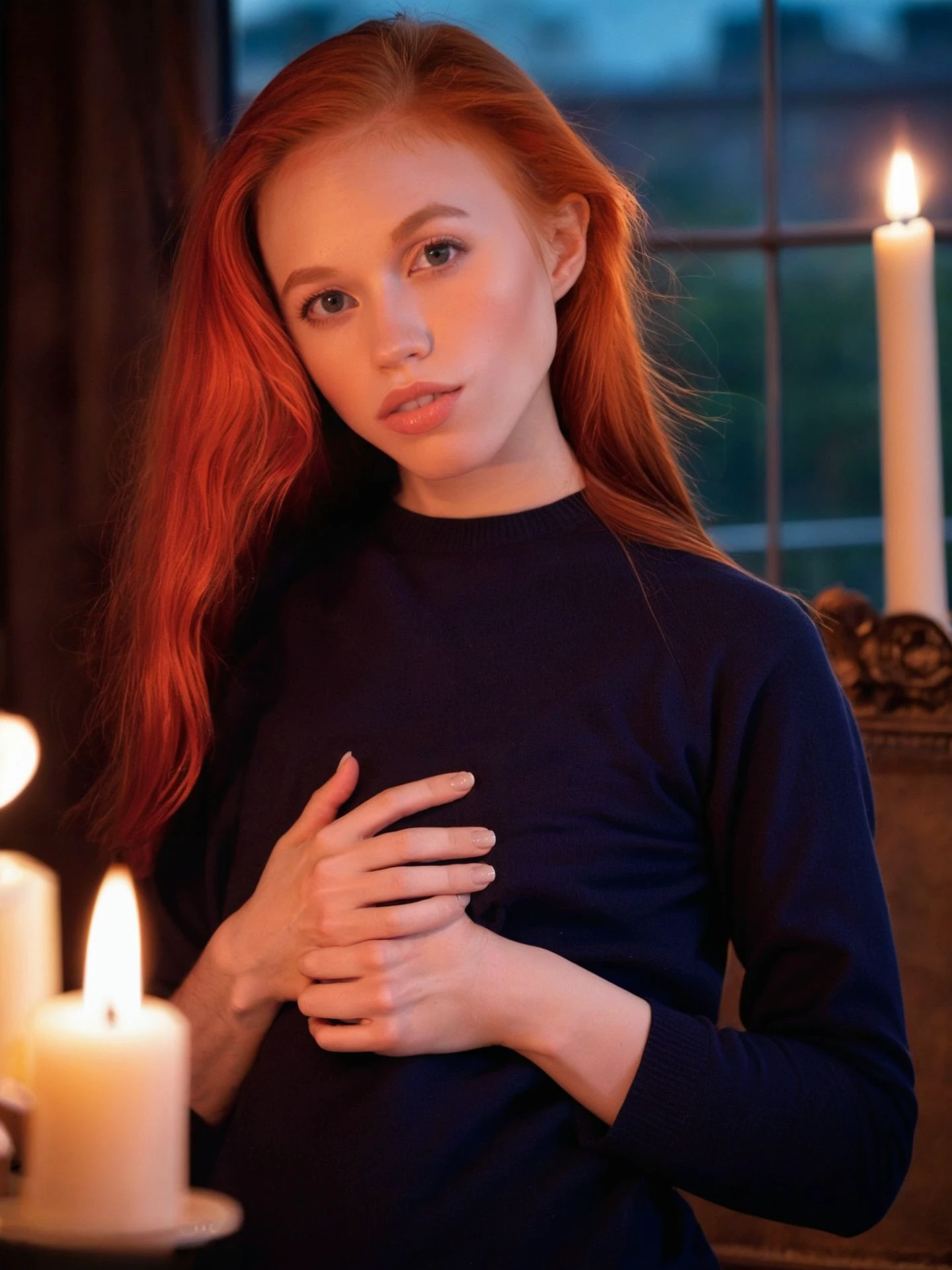 <lora:DollyLittle_SDXL_v1.2:1.25>  ((ohwx woman))
(upper body shot:1.2) beauty photo,
astonishingly beautiful petite redhead is captured in a romantic, intimate portrait, surrounded by the warm glow of candlelight. wearing a modest, navy blue crew neck sweater, The photograph, taken by the renowned artists Annie Leibovitz and Annie Griffiths, showcases the woman's vulnerability and her connection to the soft, tender moments of life. The lighting is soft and flattering, enhancing the overall aesthetic of the image. The photograph is taken with an 85mm lens, f/1.8 aperture, 1/125s shutter speed, and ISO 100. The image exhibits sharp focus, 8K resolution, and high res quality, making it a masterpiece. The photograph was shot on a Canon EOS R, using natural light and flash to achieve the perfect balance of lighting. The woman's attire and the intimate setting enhance the overall appeal of the photograph.