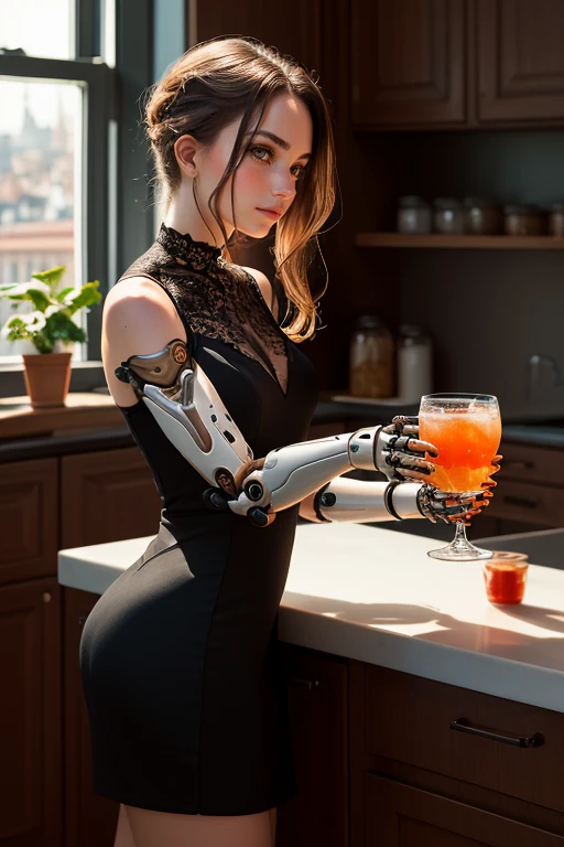 masterpiece, best quality, one arm + (white cyber arm), woman, black dress, in kitchen, glass in hand + drink tea, (portrait view + looking at viewer), dark lighting, <lora:cyber arm:0.7>