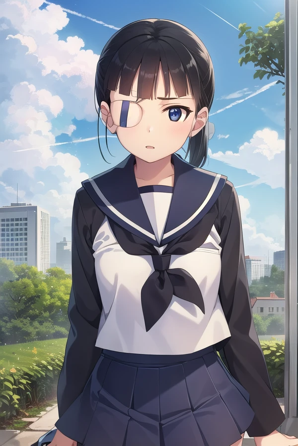 miosakamoto, <lora:mio sakamoto manga-lora-nochekaiser:1>,
mio sakamoto, sakamoto mio, black hair, ponytail, (black eyes:1.5), (eyepatch:1.5), bangs, blunt bangs,
BREAK school uniform, swimsuit, school swimsuit, swimsuit under clothes, serafuku, blue sailor collar, long sleeves,
BREAK outdoors, nature, forest, trees, grass, sun, sky, clouds,
BREAK looking at viewer,
BREAK <lyco:GoodHands-beta2:1>, (masterpiece:1.2), best quality, high resolution, unity 8k wallpaper, (illustration:0.8), (beautiful detailed eyes:1.6), extremely detailed face, perfect lighting, extremely detailed CG, (perfect hands, perfect anatomy),