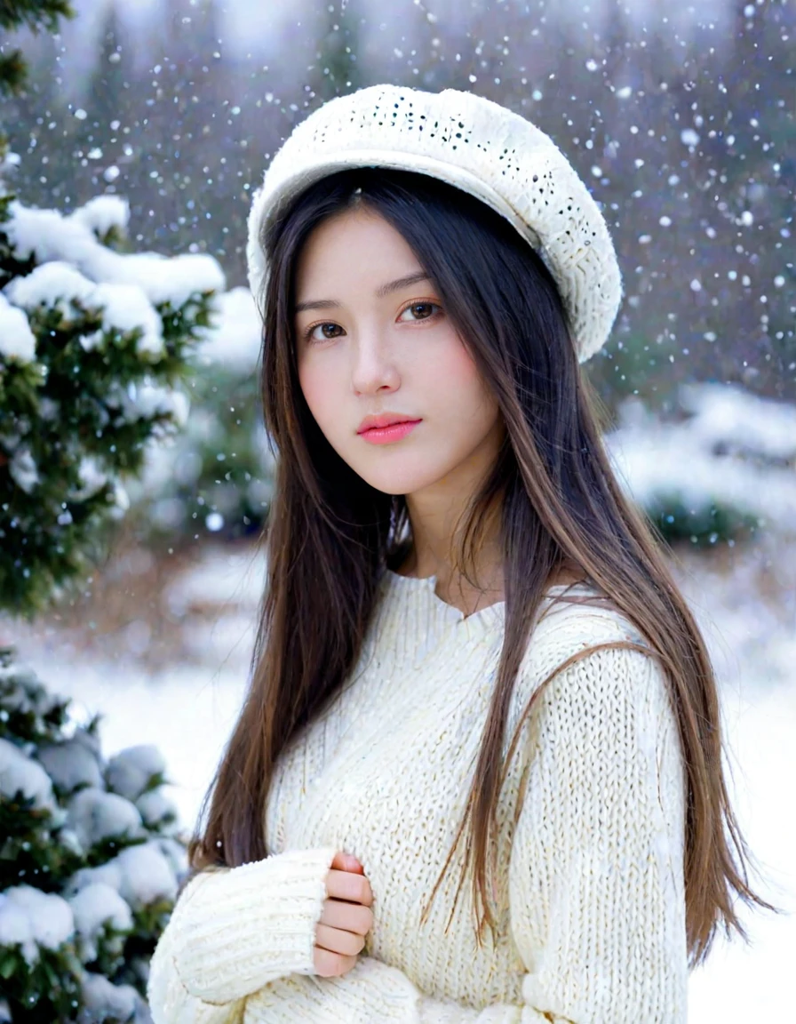 adult girl, shy:1, long hair, hat, sweater, snowing background