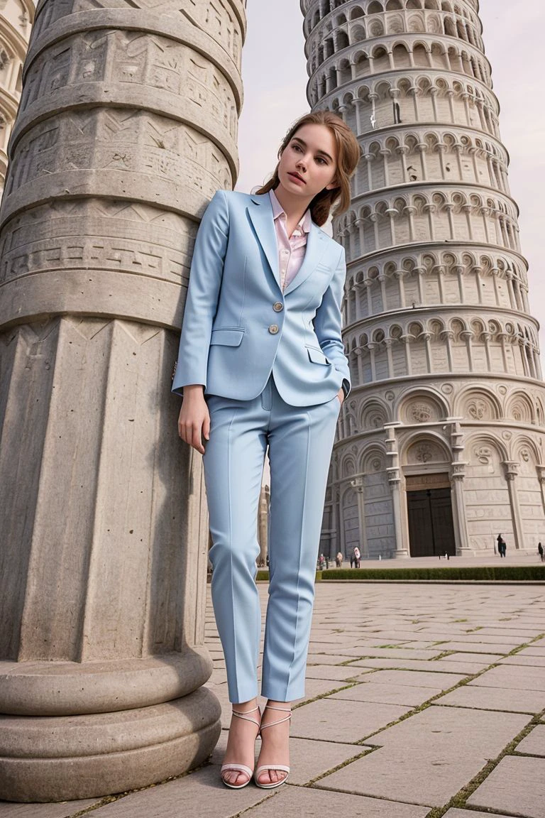 <lora:littleapril_obj20:0.5>, full_body, standing, sandals, (suit), pants, (leaning tower of pisa), (littleapril: 1.2), perfect face, (contact iris: 1.1), pale skin, skin pores , depth of field
