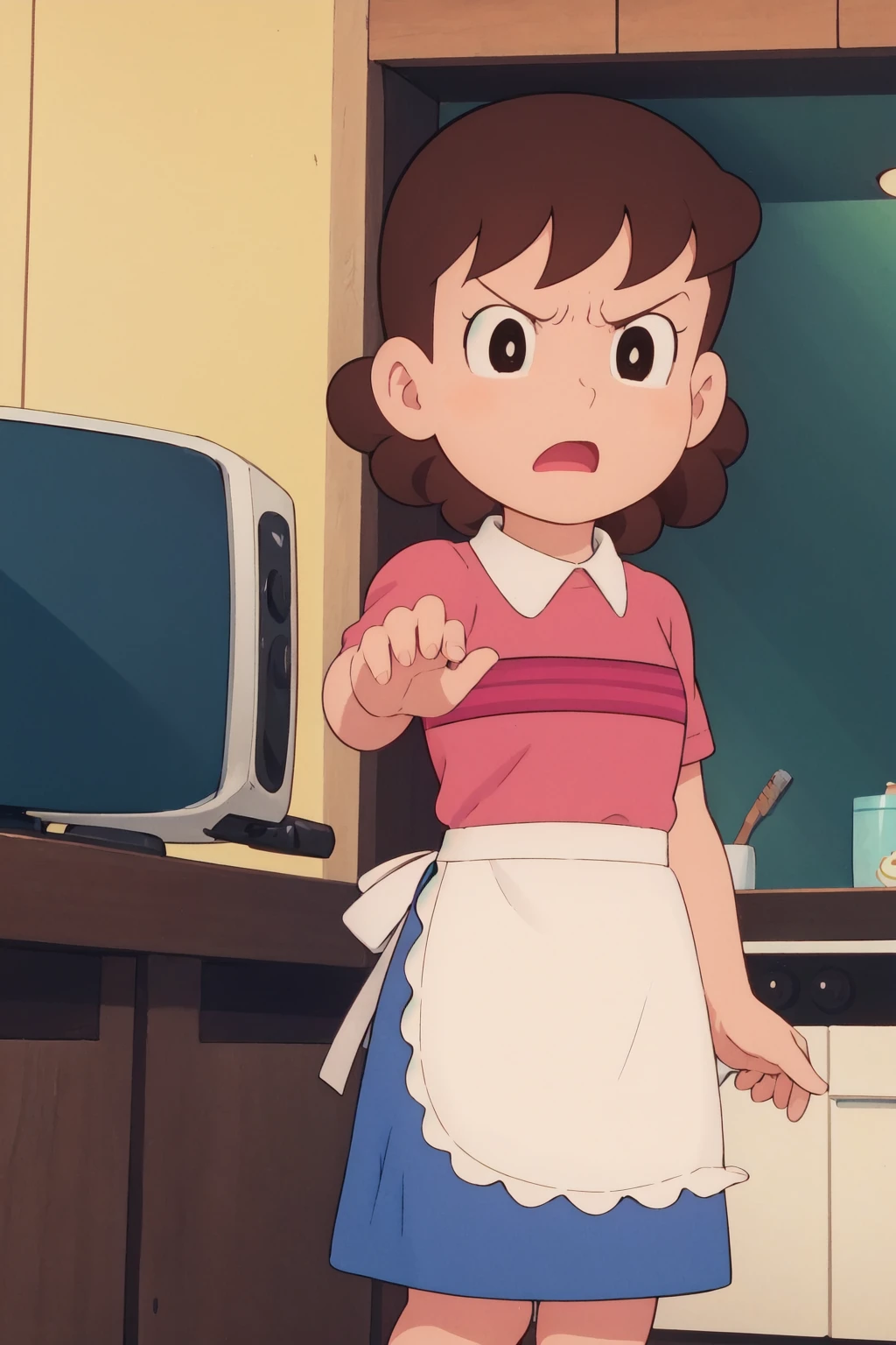 <lora:NKmamauedono:1>,mamauedono,retro artstyle,1980s \(style\),female,shirt,skirt,apron,child,angry,