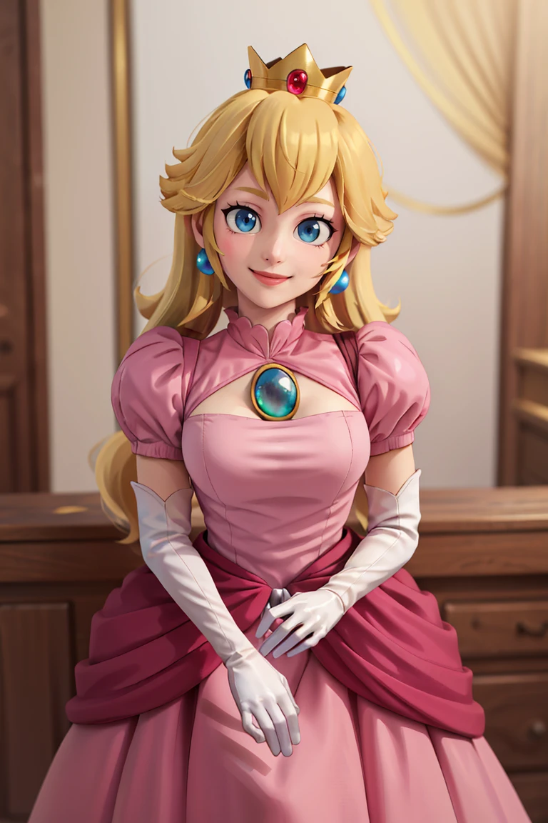 ((masterpiece,best quality)), absurdres, <lora:Princess_Peach_Nintendo:0.8>, Princess_Peach,  (pink dress), blonde hair, blue eyes, long hair, crown, gem, gloves, puffy sleeves, short sleeves, white gloves, solo, smiling, looking at viewer, cowboy shot,