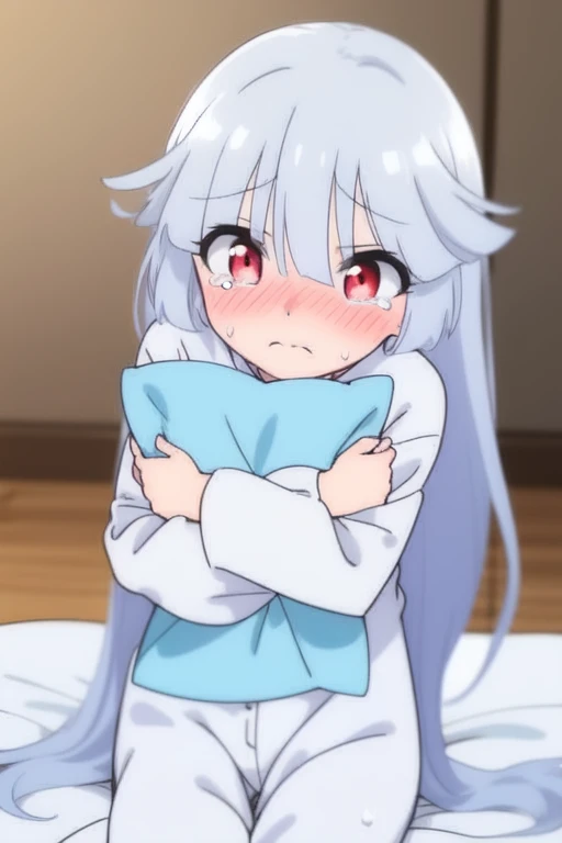 (tmasterpiece,best qualtiy,high qulity,A high resolution:1.4),the detail,The is very detailed,ambient soft lighting,4K,(Very detailed eyes:1.2), (Ganyu):1.4), 1girll, Be red in the face, is shy, full bodyesbian, closeup cleavage, (Bedrooms:1.2), (wariza:1.4), (angle of view:1.4), (headpat:1.4), (natta:1.4), can't be this cute, (Blue pajamas:1.2), from the above, Speaking heart, The barefoot,