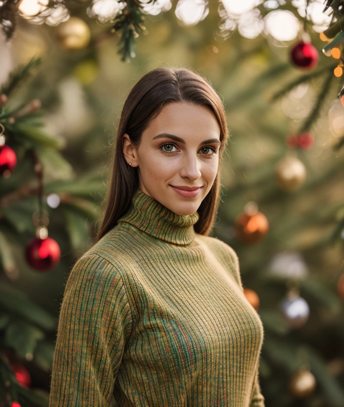 f3d3 photo of (f3d3), RAW, nature, outdoor, Spectacular light, dress Turtleneck color intricate Christmas  color intricate, (Colorful flowering), 8k, soft lighting, high quality, film grain, Olympus OM1 sharp focus, f 3.4, (eyeliner), (seductive pose), upper body, smile 