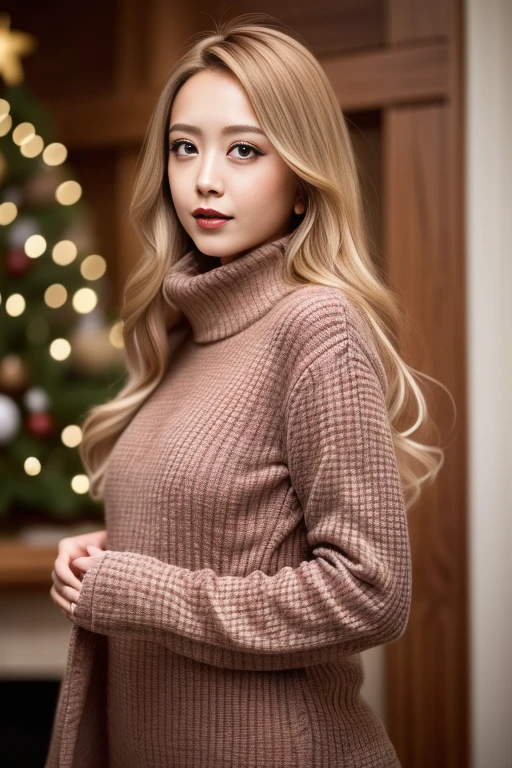 1girl,(wearing a turtleneck sweater),(winter jacket),(RAW photo, best quality), (realistic, photo-realistic:1.4), masterpiece, an extremely delicate and beautiful, extremely detailed, 2k wallpaper, Amazing, finely detail, extremely detailed CG unity 8k wallpaper, ultra-detailed, highres, soft light, beautiful detailed girl, extremely detailed eyes and face, beautiful detailed nose, beautiful detailed eyes,cinematic lighting,snow scenery,ski resort,fireplace,christmas tree,christmas decorations,snow mountain,perfect anatomy,slender body,<lora:mirichamu_lora:0.8>,(blonde hair:1.3),(heavy makeup)red lipstick,eyelashes