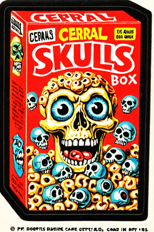 Sticker of a cerial box of skulls, brains and eyeballs cereal, Wacky Packages Style <lora:Wacky_Packages_TOPPS_Style_XL>