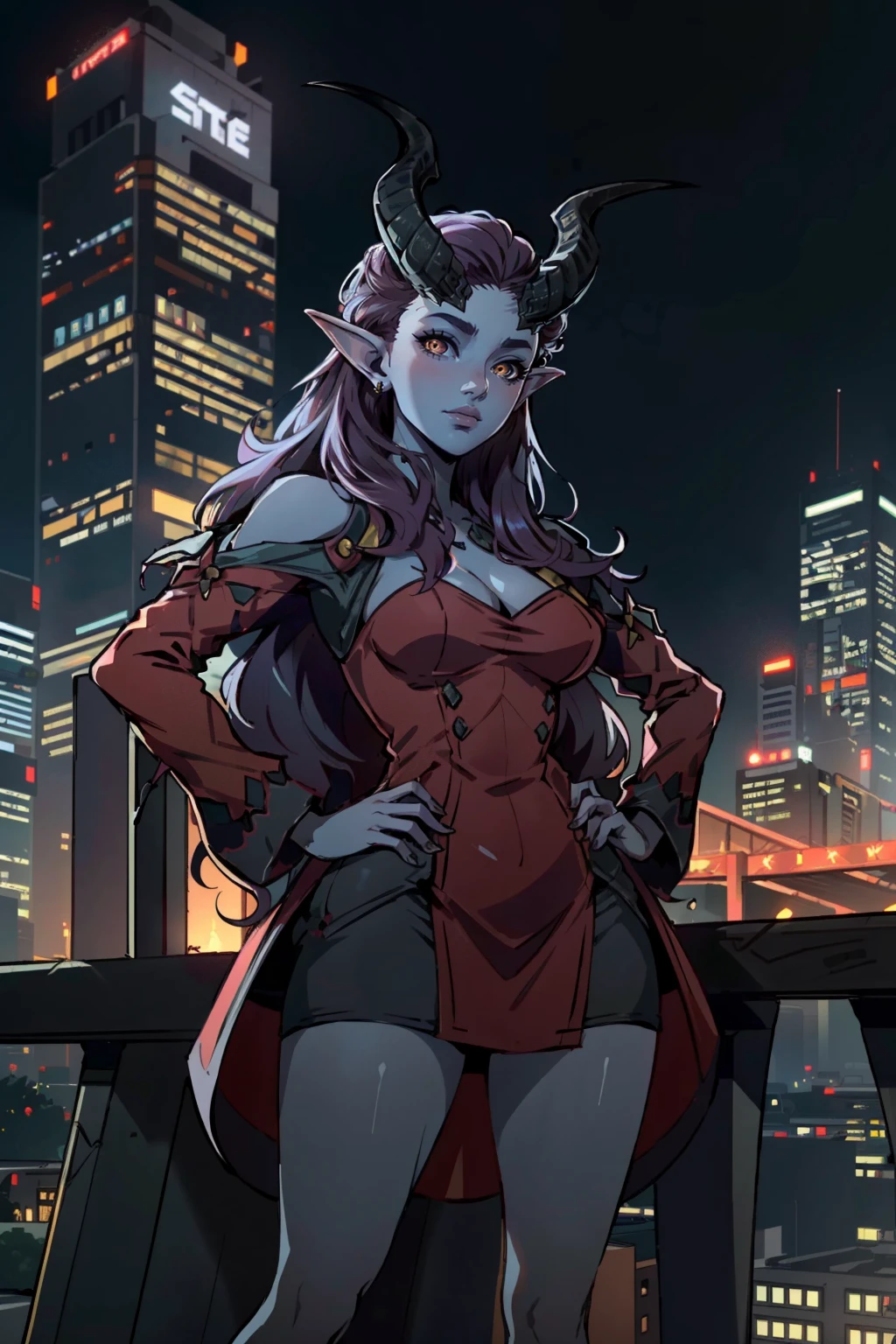 ((ultra detailed, masterpiece, best quality))
<lora:BGAlfira:0.8>
BGAlfira, long hair, colored skin, horns, demon girl, overlooking a cityscape at night from a skyscraper, short dress, standing with hands on hips