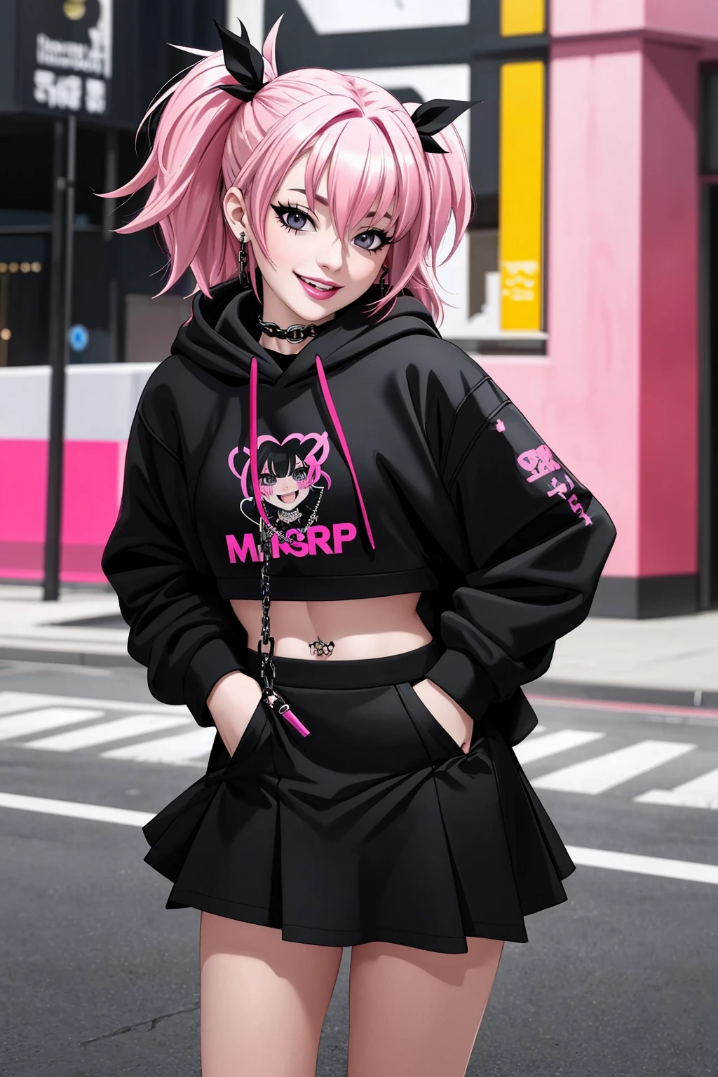 ((Masterpiece, best quality,edgQuality)),
smiling,excited,
edgPastelGoth,a woman in a black hoodie and a chain skirt ,wearing edgPastelGoth
<lora:edgPastelHoodies:1>