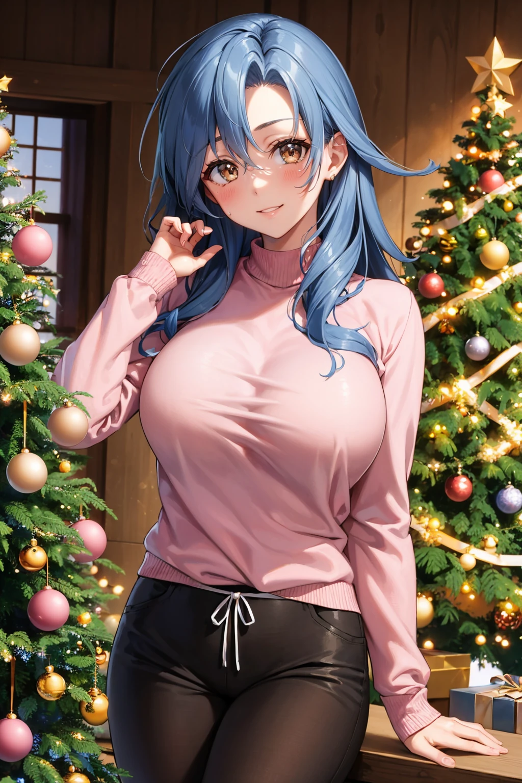 masterpiece, best quality, <lora:chkalov-nvwls-v1-000009:0.8> chkalov, brown eyes, blue hair, pink sweater, black sweatpants, christmas tree, looking at viewer, smile