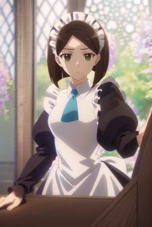 anneshelley, <lora:anne shelley s2-lora-nochekaiser:1>,
anne shelley, short hair, brown hair, (brown eyes:1.5),
BREAK long sleeves, puffy sleeves, apron, maid, maid headdress, juliet sleeves, maid apron,
BREAK indoors,
BREAK looking at viewer, (cowboy shot:1.5),
BREAK <lyco:GoodHands-beta2:1>, (masterpiece:1.2), best quality, high resolution, unity 8k wallpaper, (illustration:0.8), (beautiful detailed eyes:1.6), extremely detailed face, perfect lighting, extremely detailed CG, (perfect hands, perfect anatomy),